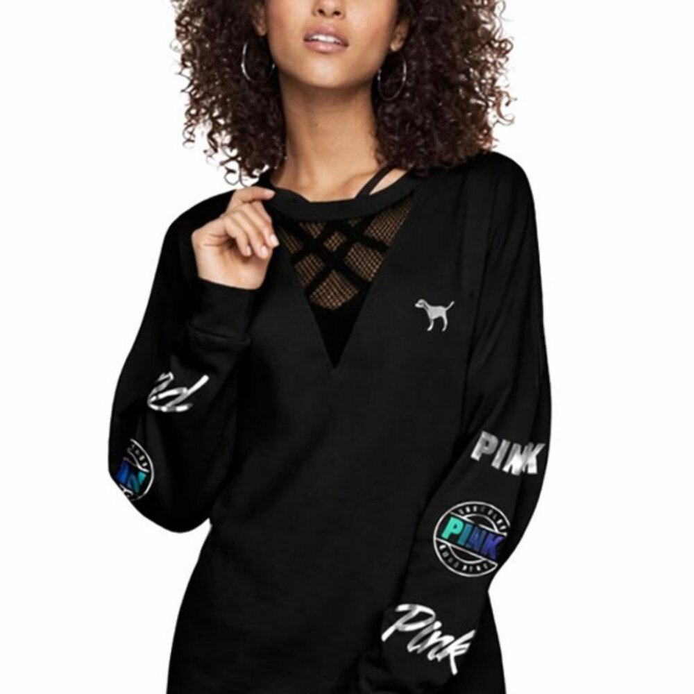 Victoria's Secret PINK Mesh V-Neck Long Sleeve Tee (Black)